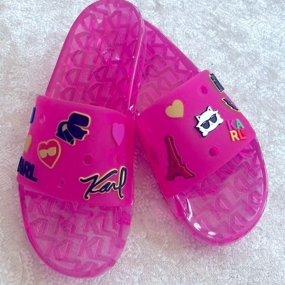 Brand New Karl Lagerfeld Paris Thea Jelly Pool Slides Embellished Pink Sandals - Picture 5 of 16